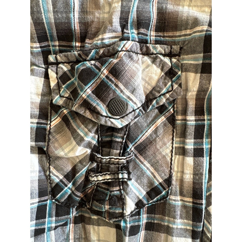 Buckle Black Shirt Men Large Slim Fit Black Teal Plaid Snap Button Western Rodeo - Picture 5 of 9